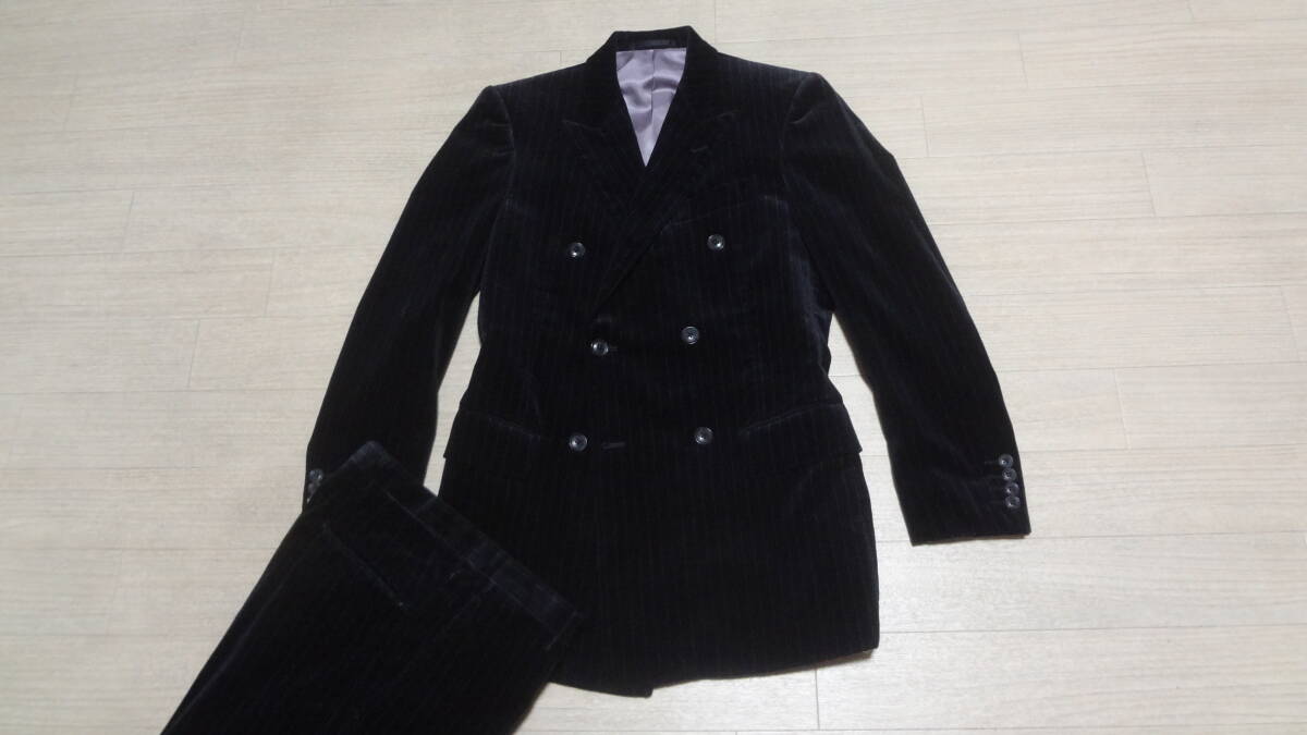 美品165cmW74cm Y4★P.S.FA★美シルエット★上質ダブルベロアスーツ/黒濃グレー織ストライプブラック★総裏★ピークドラペル★パーティー