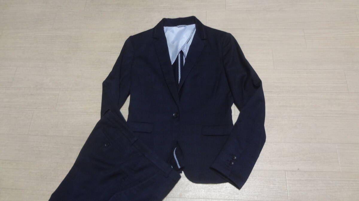美品sizeM/W80cm★SUIT SELECT★美シルエット★1Bスーツセレクト/濃紺黒織りチェックネイビーブラック★本切羽★シングル１釦★ビジネス