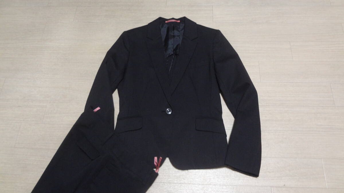 美品sizeL/W80cm★LES MUES★美シルエット1Bスーツ/黒織りストライプブラック★レミュー★シングル１釦★ビジネス★就活営業★セットアップ