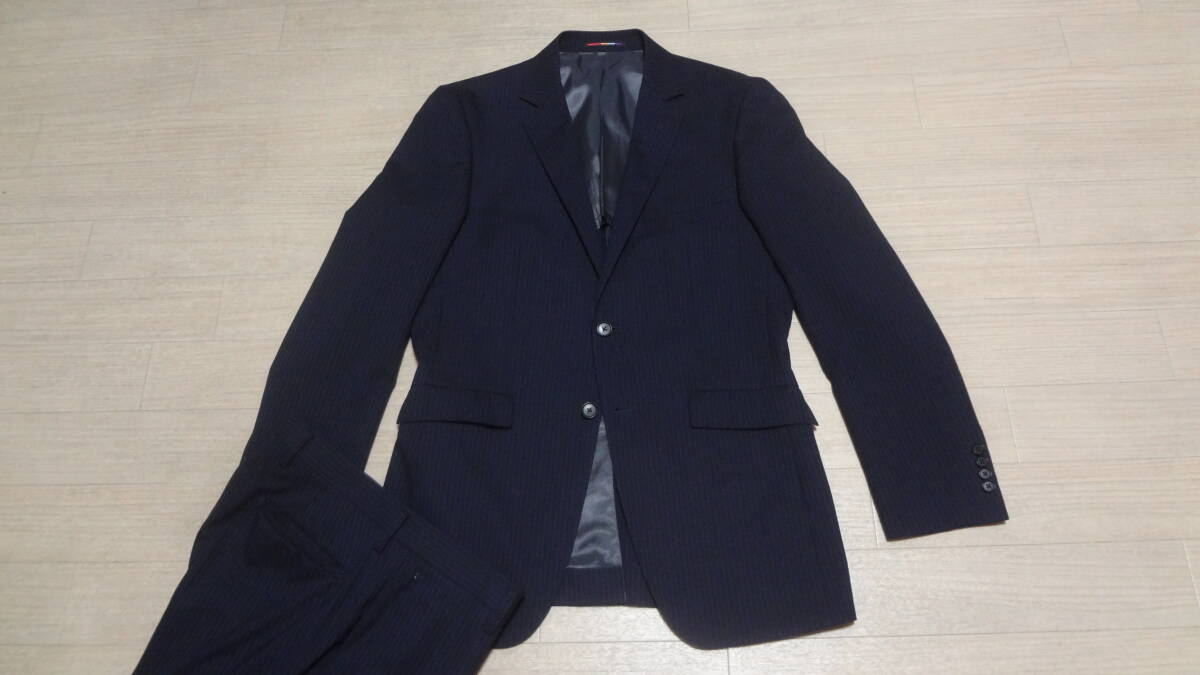 美品180cmW86cm★リバーシブルベスト付★ORIHICA★美シルエット2Bスーツ/濃紺グレー織りストライプ★オリヒカ★シングル２釦★スリーピース