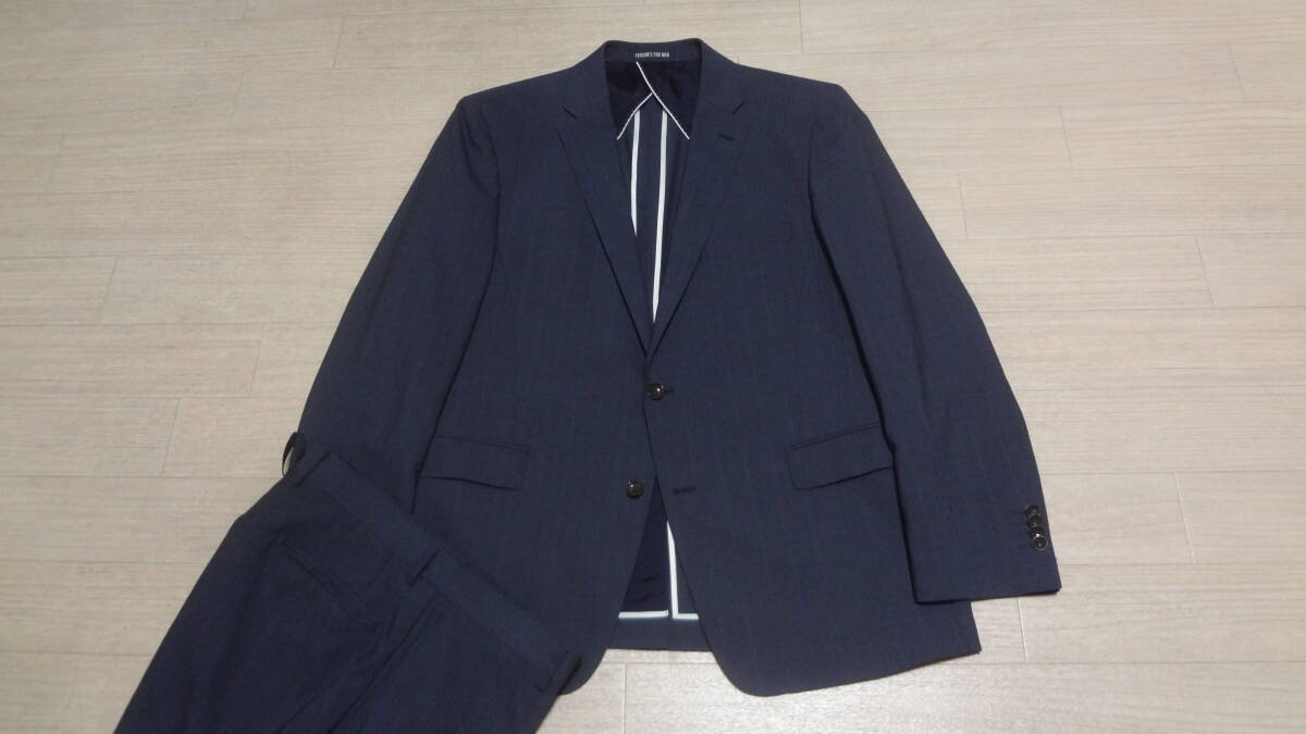 美品170cmW90cm★PERSONS FOR MEN★2Bスーツ/紺グレー織りストライプ★背抜き★シングル２釦★パーソンズ★ビジネス
