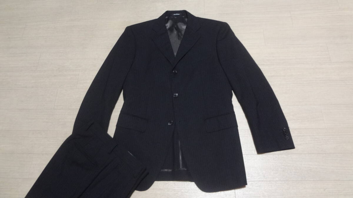 165cmW74cm YA4★AvonHouse★美シルエット★カシミヤ★上質3Bスリムスーツ/黒濃グレー織ストライプ★本切羽シングル３釦★エーボンハウス