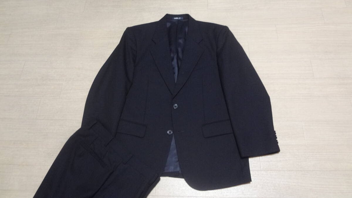 美品165cmW84cm★WOOL..Z★秋冬物★上質オーダーメイド2Bスーツ/濃紺織ストライプネイビー★総裏★シングル２釦★ウールゼット★ビジネス