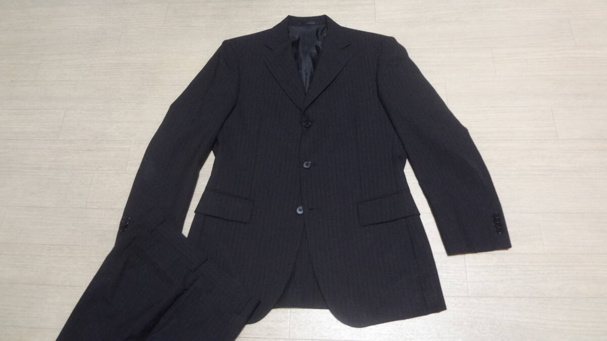 170cmW80cm A5★CARTOLINA★美シルエット★上質3Bスーツ/黒濃紺茶織りストライプ★背抜き★シングル３釦★カルトリーナ★ビジネス