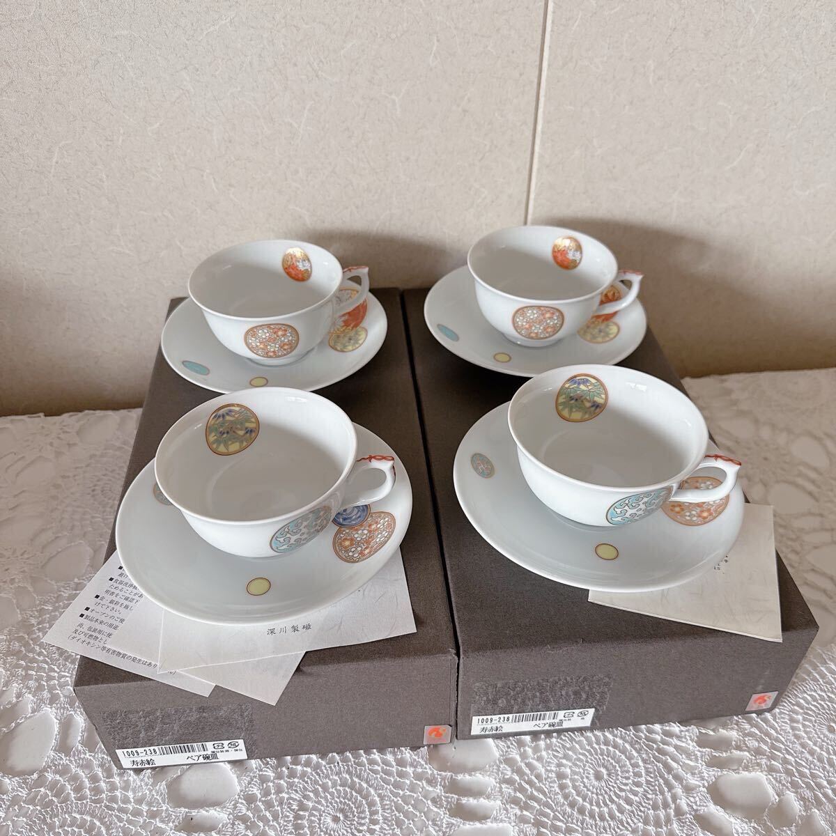 1009/2箱セット 深川製磁 寿赤絵 ペア カップ ソーサー コーヒー 1009/2箱セット 深川製磁 寿赤絵 ペア カップ ソーサー コーヒー