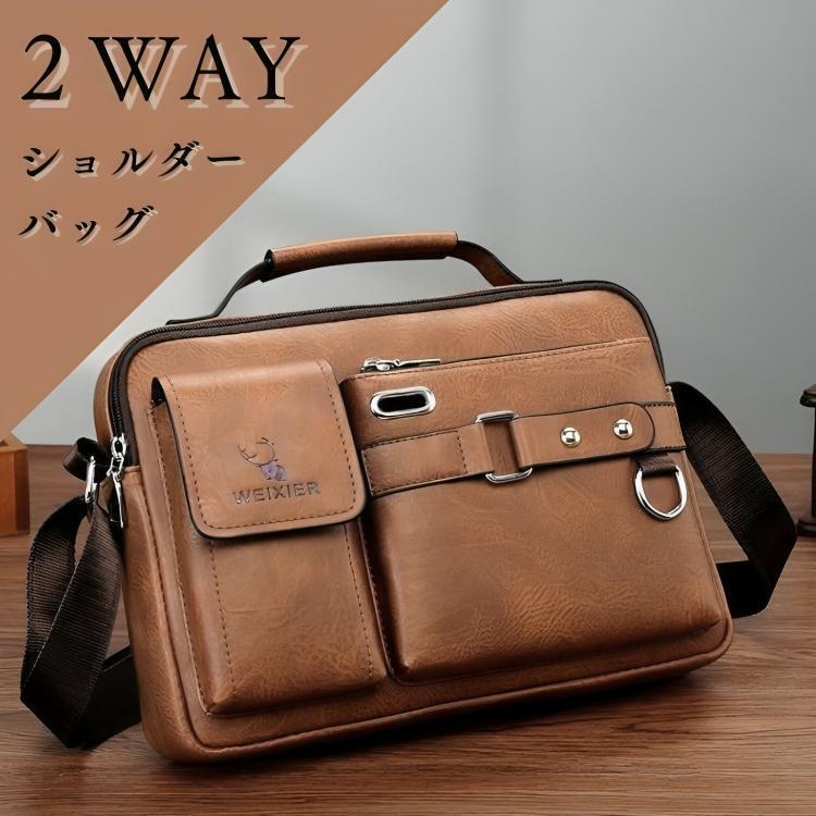 ショルダーバッグ メンズ ２WAY ハンドバッグ ブラウン 斜めがけ レザー カジュアル 軽量 大容量 ボディバック ポーチ 小さめ 人気 B34B