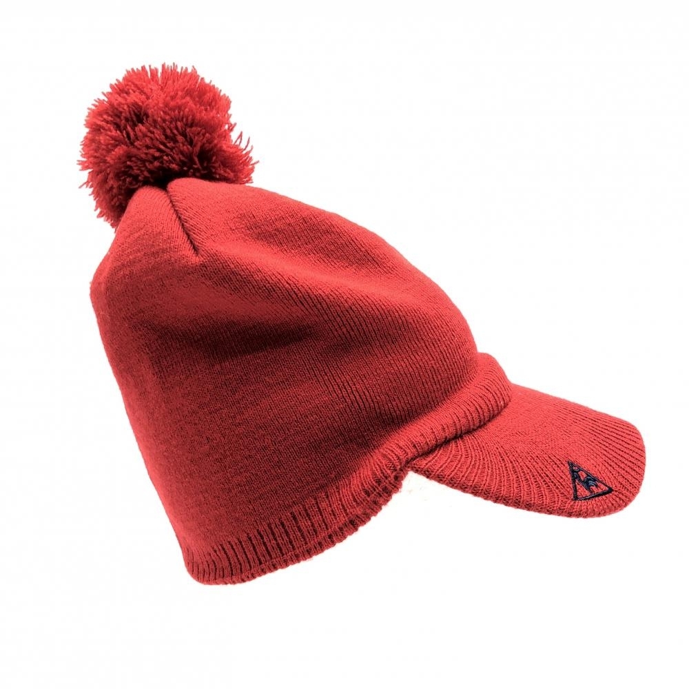 【美品】ルコック つば付きニット帽 レッド×ネイビー ボンボン付き F(55-57cm) ゴルフウェア le coq sportif