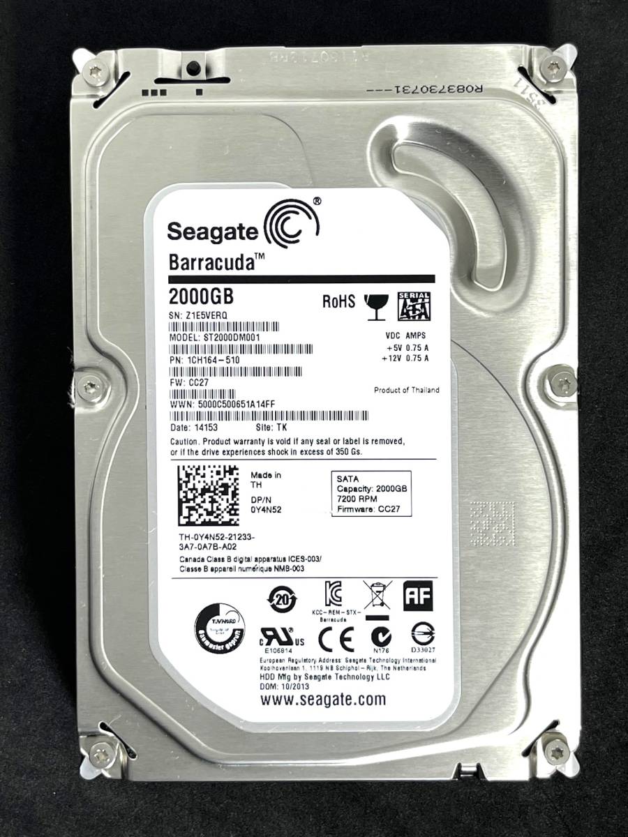 ★ 2TB ★　ST2000DM001　/　Seagate　良品 3.5インチ内蔵HDD SATA　ST2000DM001-1CH164　FW: CC27