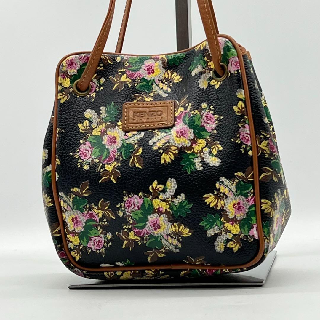 【美品】KENZO ケンゾー ミニバッグ ハンドバッグ ポーチ 花柄 フローラル 巾着型 フォーマル ブラック メンズ レディース AC010617D