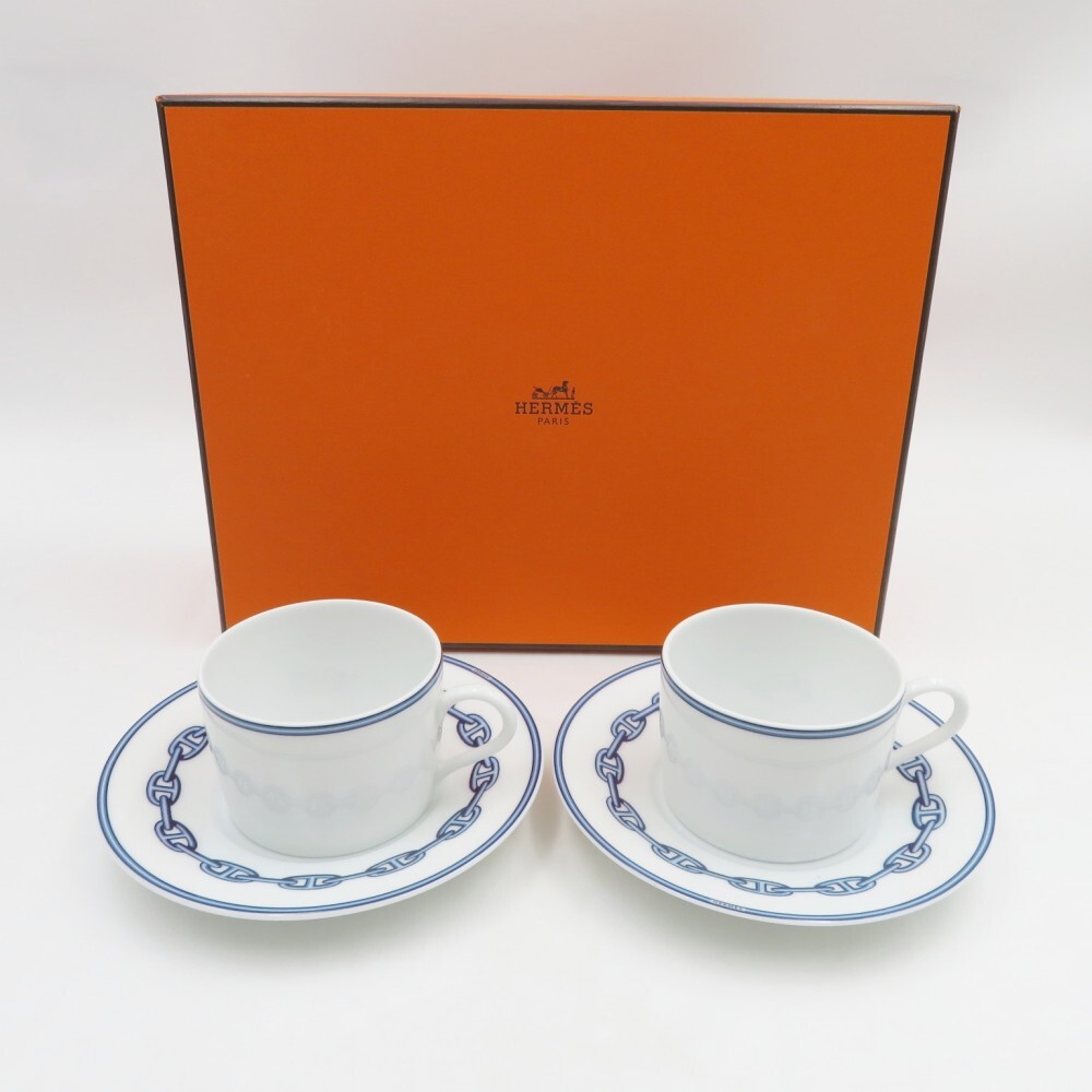 1円〜 HERMES エルメス シェーヌダンクルブルー カップ＆ソーサー 2客 計4点 箱付 y56-3365610【Y商品】