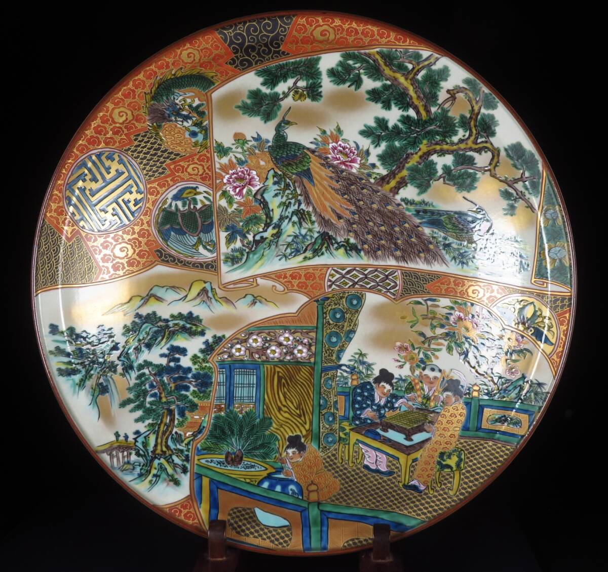 高級感 SAKURAYA】【九谷焼 庄三風 金彩色絵山水花鳥人物文飾皿/祥文作 工芸品