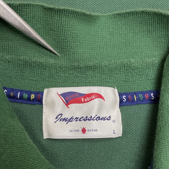 インプレッションズ Impressions ゴルフ ポロシャツ 鹿の子 刺繍 長袖 ポケット無し 日本製 綿100% コットン L グリーン 緑×赤 メンズ_画像5