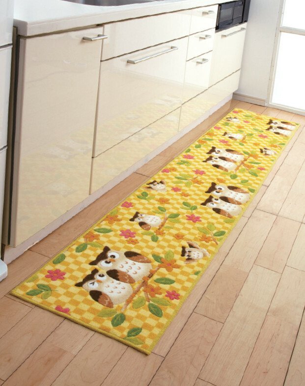 新品＠抗菌防臭ロングキッチンマット ふくろう/45×120cm イエロー(日本製 玄関マット キッチンマット 廊下敷 抗菌 防臭 丸洗いOK)
