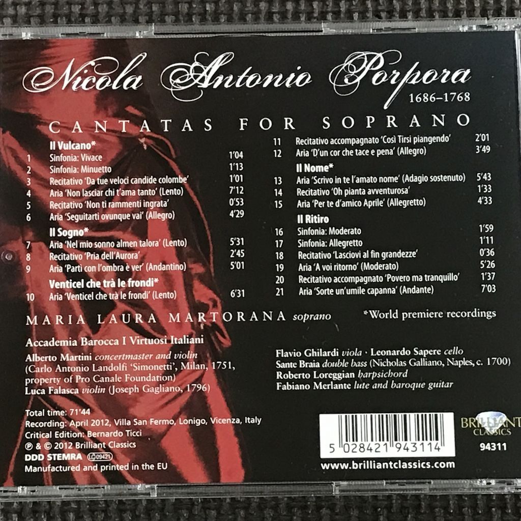 ポルポラ:ソプラノのためのカンタータ集 マリア・ラウラ・マルトラーナ CD PORPORA CANTATAS FOR SOPRANO MARIA LAURA MARTORANA_画像2