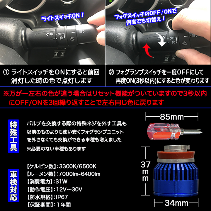 ランドクルーザー 300系 新メモリー方式 イエロー ホワイト 2色切替え L1B LEDフォグランプ 車検対応 7000lm ランクル カスタム パーツ