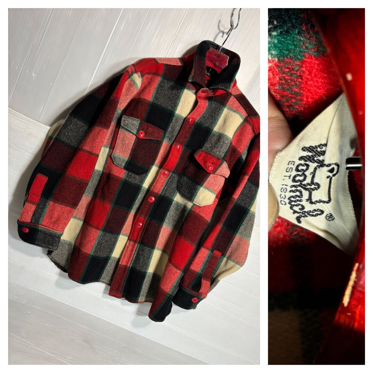80's ヴィンテージ　WOOLRICH ウールリッチ　USA製? 肉厚ウール　長袖　チェック　柄　CPO ウールシャツ　赤×ベージュ×黒×緑　17