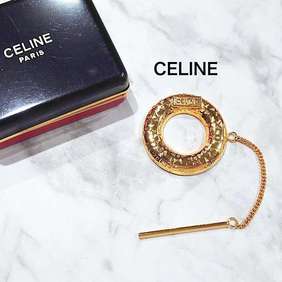 【鑑定済】CELINE セリーヌ スカーフリング CEINEロゴ サークル ピン付き ゴールド オールドセリーヌ ヴィンテージ【送料無料】