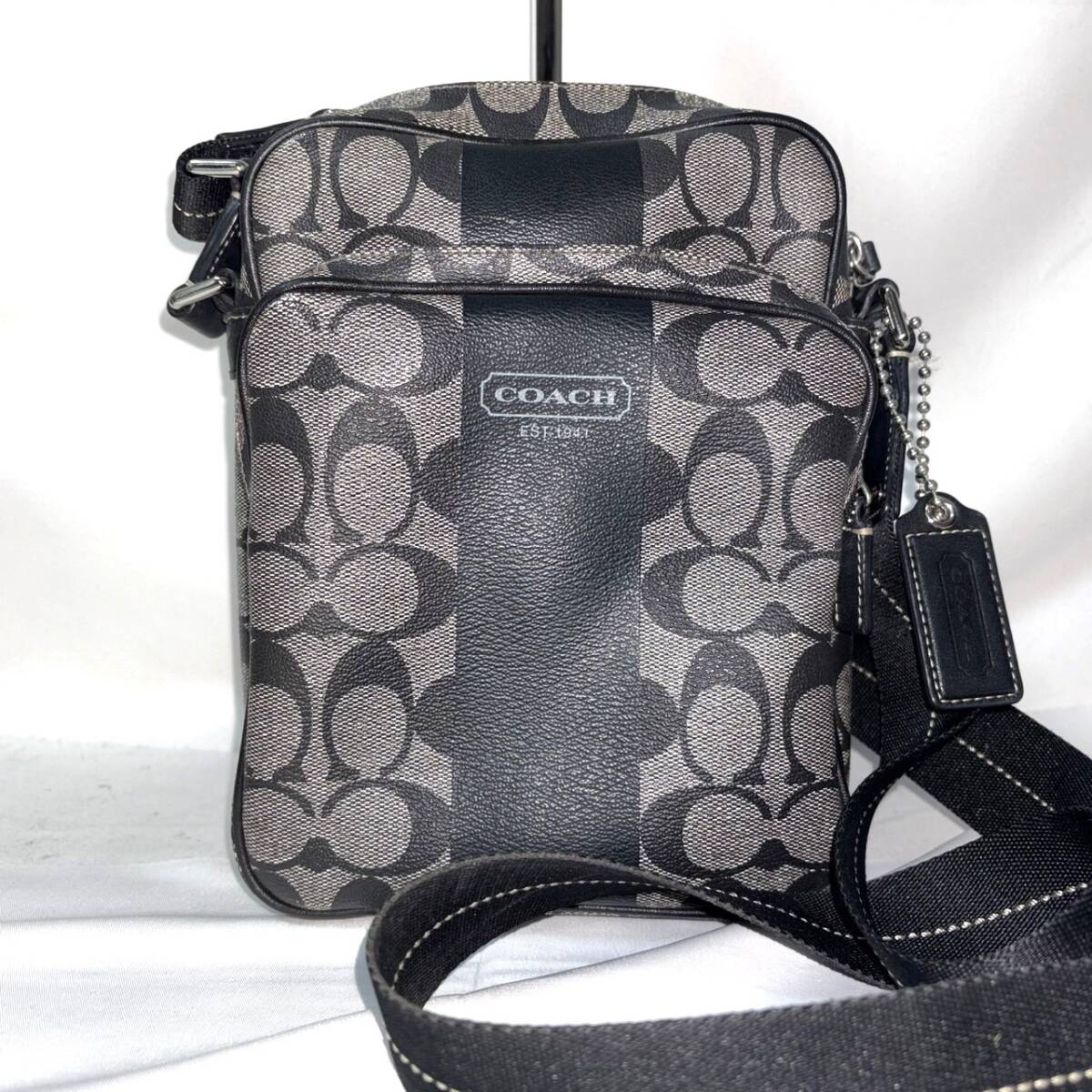 1円 コーチ ヘリテージストライプ ショルダーバッグ シグネチャー PVC COACH カメラバッグ ロゴ コーティングキャンバス トート ハンド