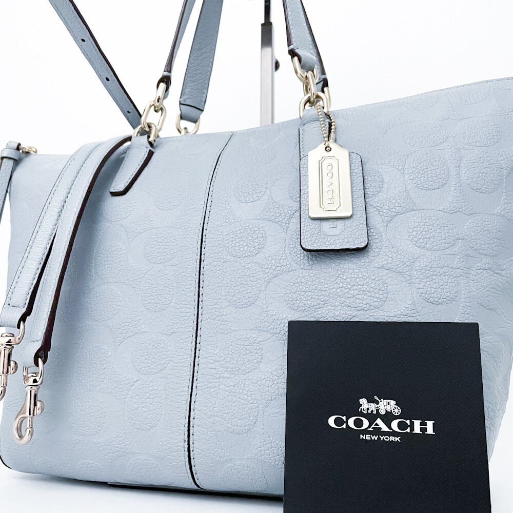 1円■未使用級■入手困難色■型崩れ無し■COACH コーチ 2way 型押し トートバッグ ショルダー ビジネス メンズ レディース レザー ブルー