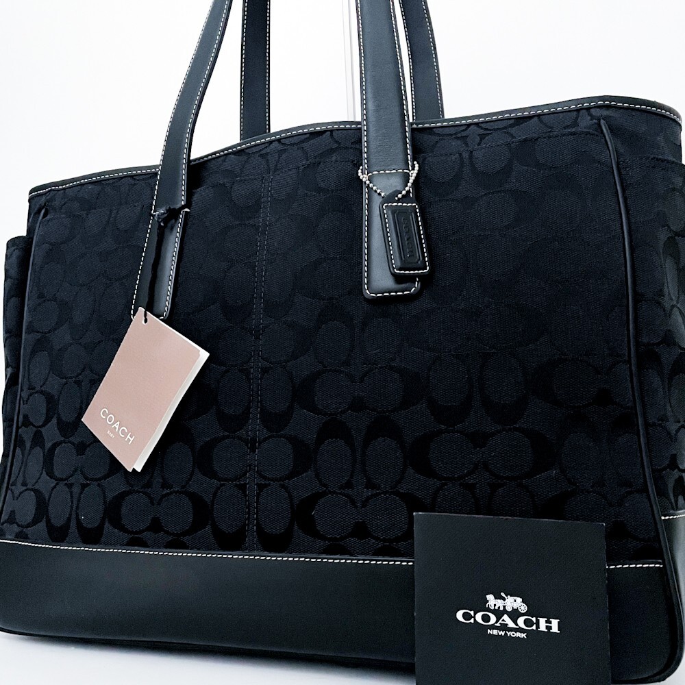 1円■未使用級■型崩れ無し■COACH コーチ キャンバス 総柄 トートバッグ ビジネス ブリーフケース 大容量 A4 メンズ レザー ブラック 黒
