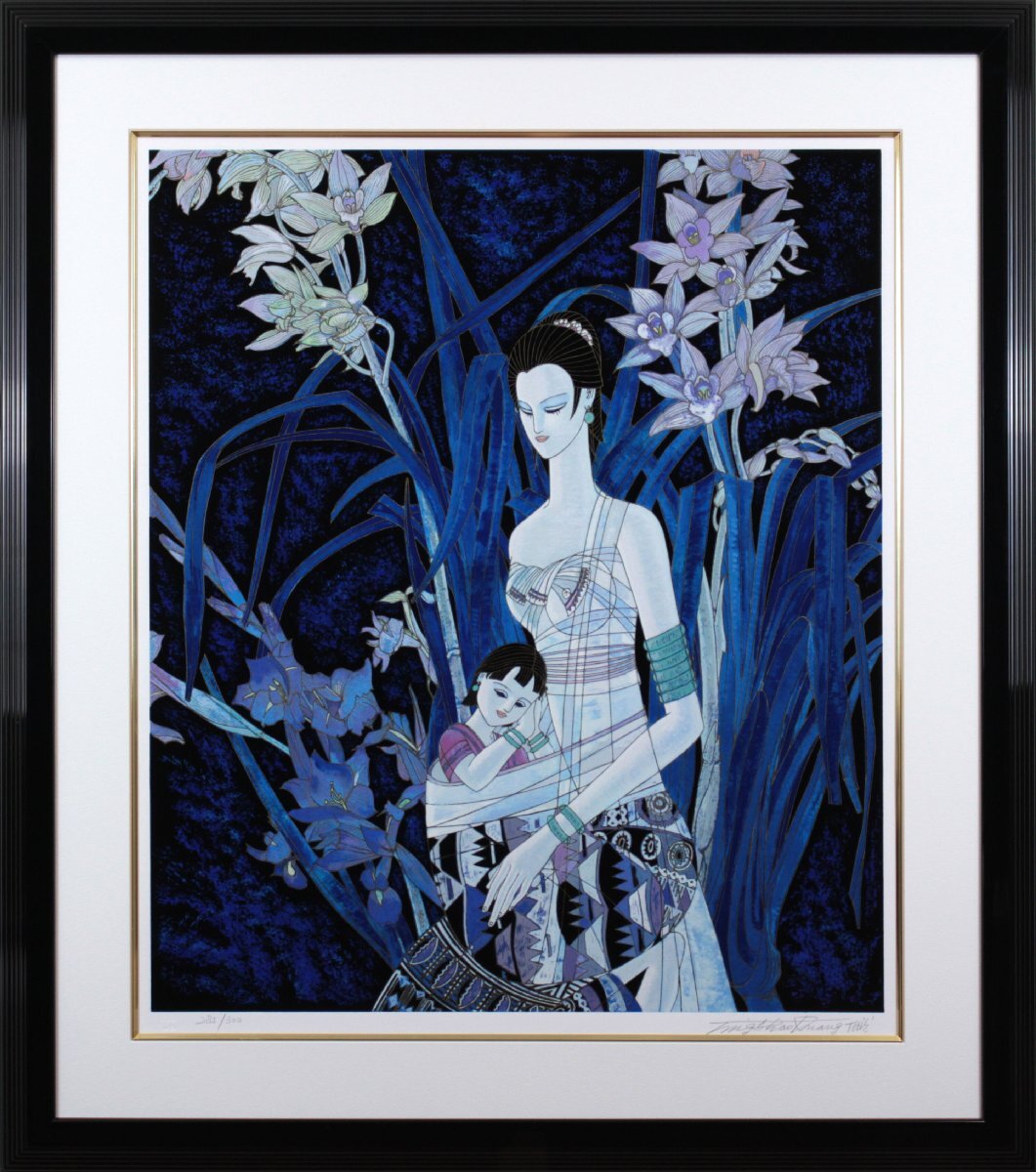 ティン・シャオカン 「花影の母子像」 シルクスクリーン 版画 絵画 - 北海道画廊