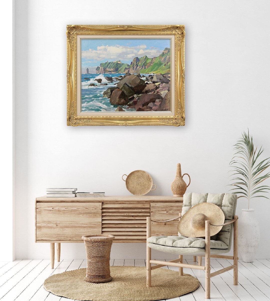 山岸正巳 油絵・油彩画『神威岬の荒磯』【真作保証】 絵画 山岸正巳 『神威岬の荒磯』 油彩画 - 北海道画廊