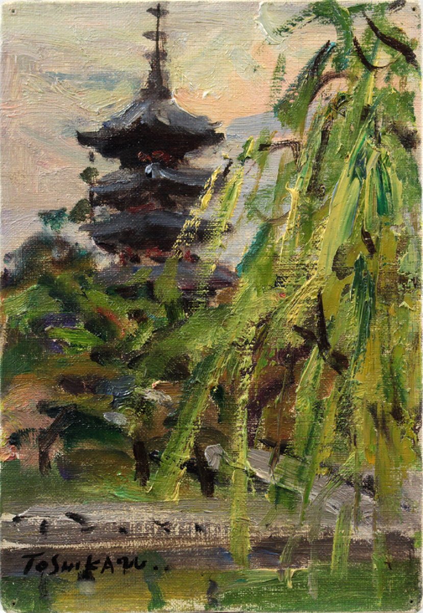 島田利一『奈良風景（猿沢の池）』油彩画【真作保証】 絵画 島田利一 「奈良風景（猿沢の池）」 油絵・油彩画 絵画 - 北海道画廊