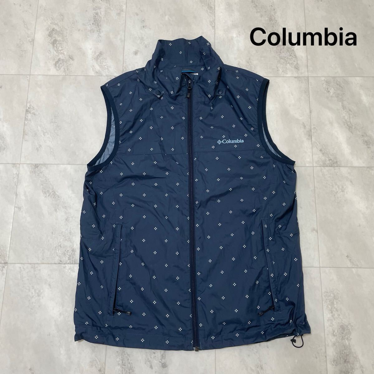 Columbia コロンビア ナイロンベスト 薄手 アウトドア ジップアップ ウィンドブレーカー 総柄 ドット レディース ネイビー 玉SS2971