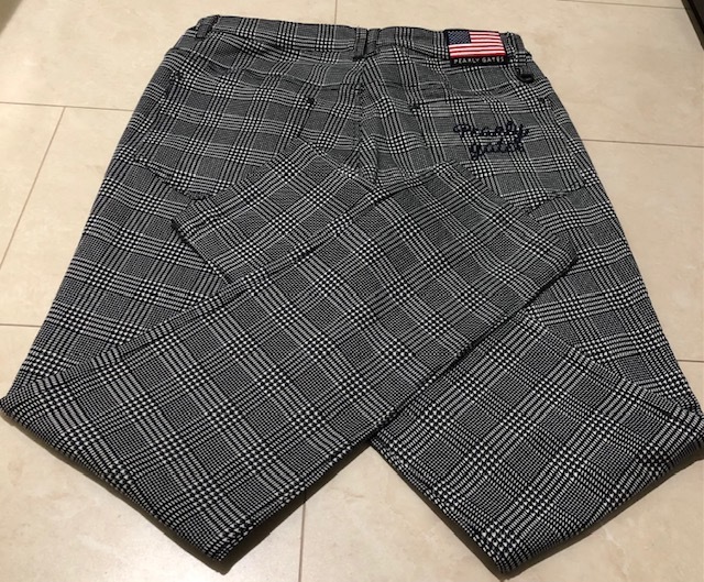 ・未使用 正規品・パーリーゲイツ PEARLY GATES 秋冬裏起毛 星条旗ワッペン チェック柄 ロゴ刺繍ストレッチパンツ 7号XXL ウエスト92cm