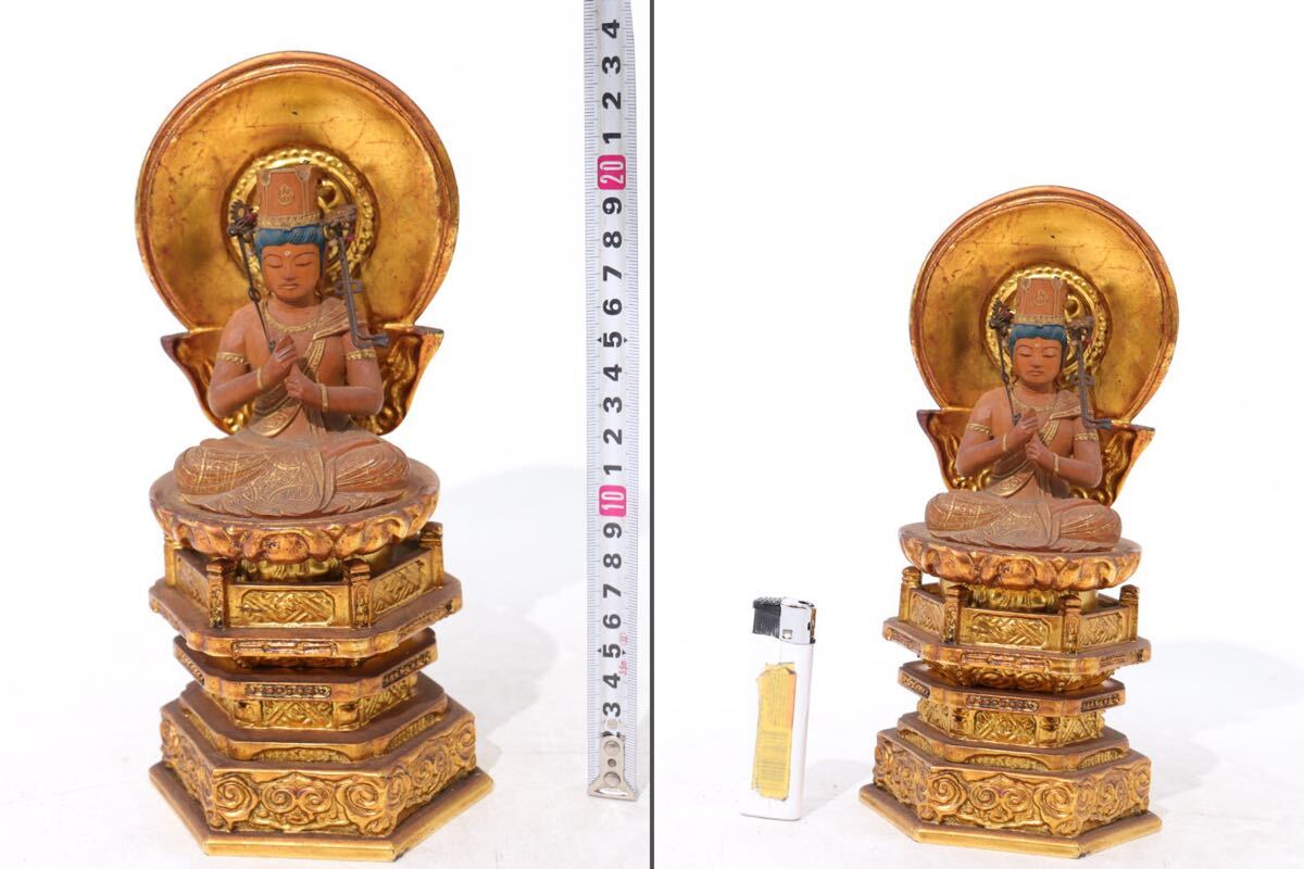 時代　木彫　彫金　装飾　観音菩薩像　座像　/　仏教美術　仏像　観音像　釈迦如来　阿弥陀如来　彩色　金彩　.3877