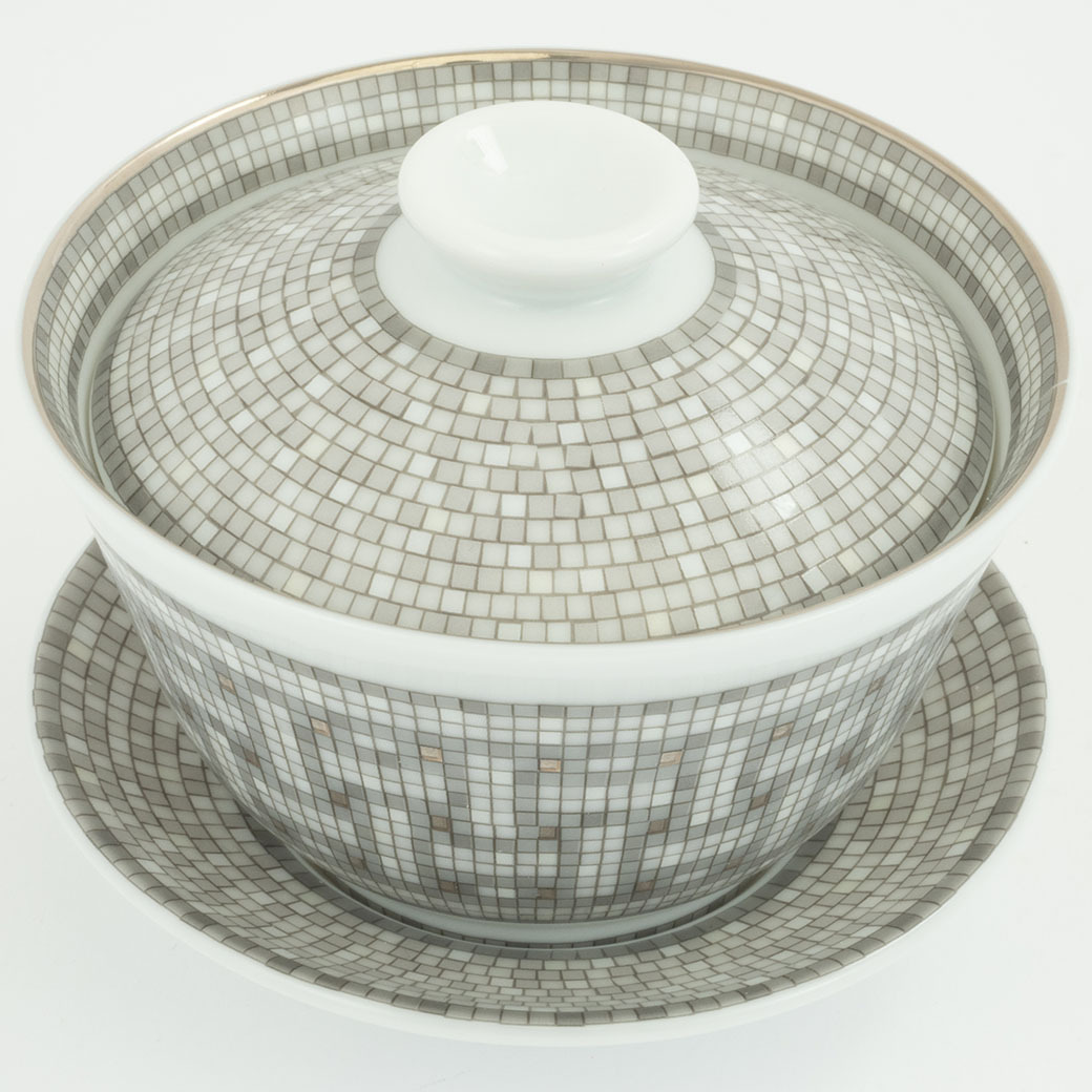 エルメス 蓋付きカップ＆ソーサー モザイク 24 プラチナ 磁器 ホワイトxグレー P035082P レディース HERMES 未使用 中古