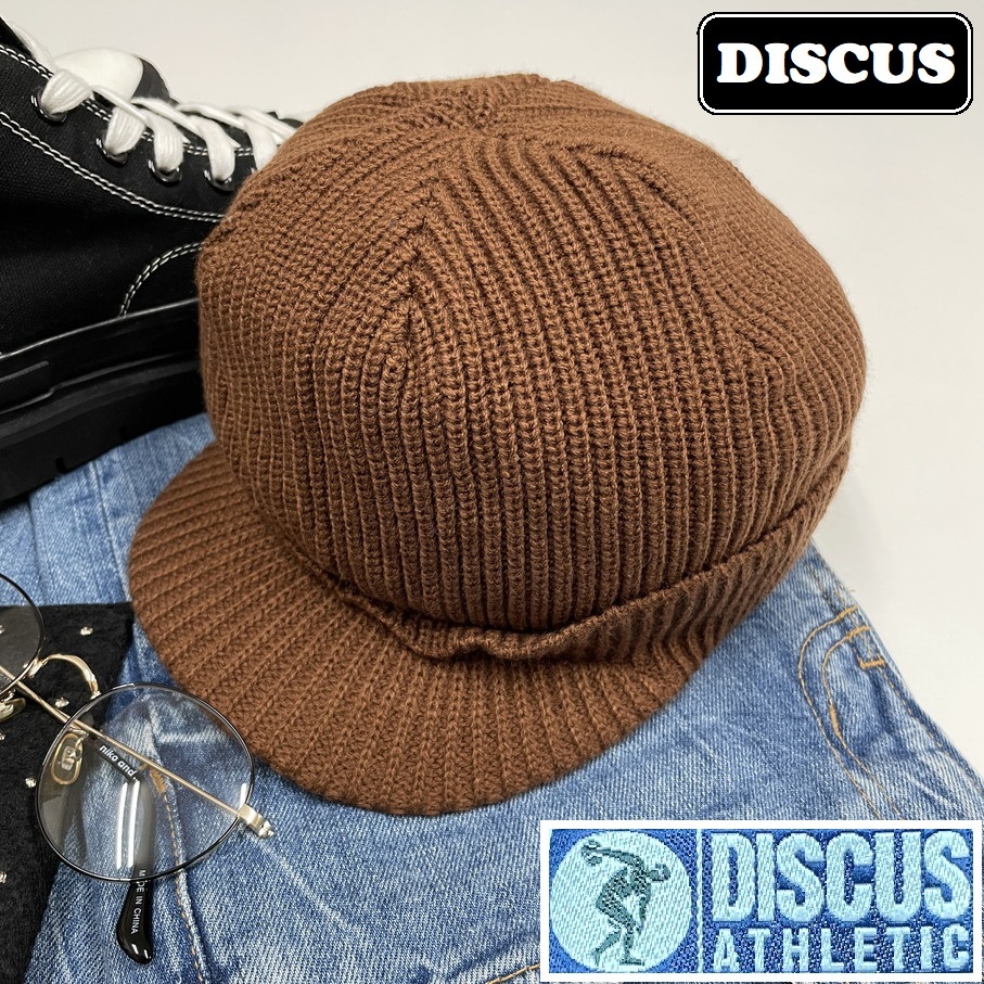 DISCUS ブラウン ニットキャップ 帽子 スポーツ ゴルフ アウトドアキャンプバイク釣りオートバイホワイトロゴタグ アクリル生地 ディスカス