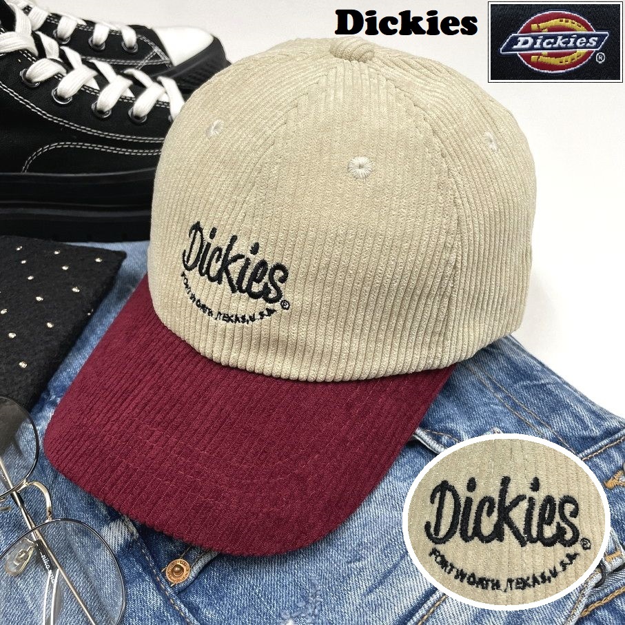 Dickies ベージュ×レッド コーデュロイキャップ 帽子 スポーツ ゴルフ アウトドア キャンプ バイク 釣り ブラックロゴ刺繍 ディッキーズ