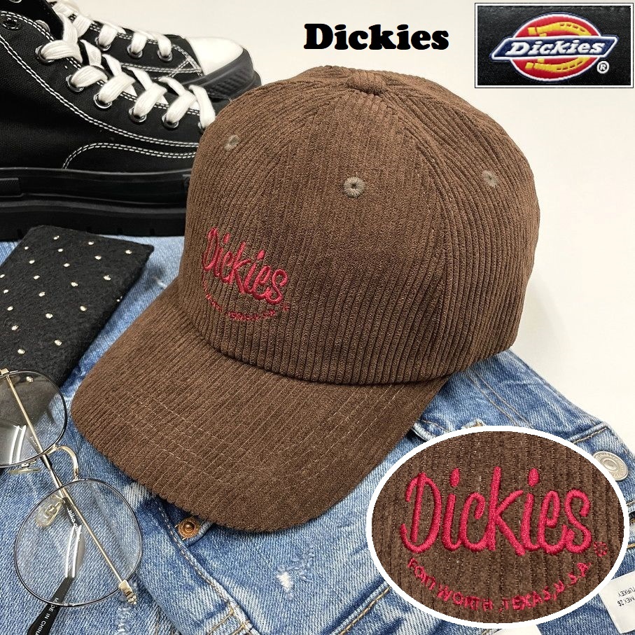 Dickies ブラウン コーデュロイキャップ 帽子 スポーツ ゴルフ キャンプバイク釣りオートバイ レッドロゴ刺繍 アクセサリー ディッキーズ