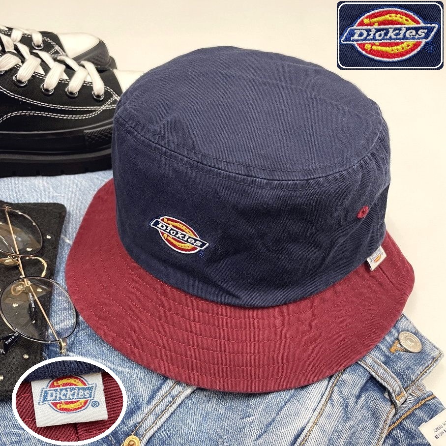 Dickies ネイビー×レッド バケットハット 帽子 スポーツ ゴルフ キャンプ バイク 釣り ワッペン ホワイトタグ アクセサリー ディッキーズ_画像1