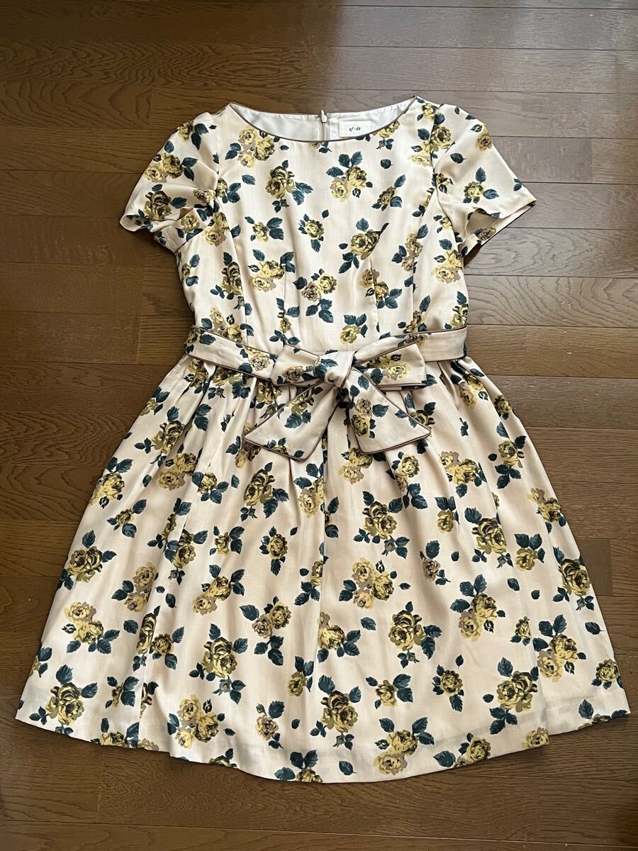 ef-de エフデ　ワンピース 花柄 半袖　リボン付　大きいサイズ　13号　LL 2L 中古 総 ドレス　結婚式