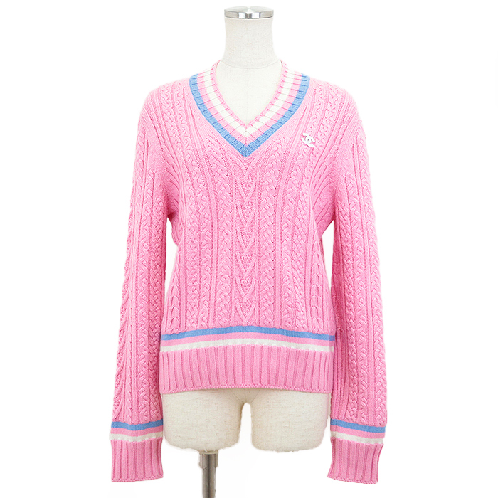 【美品】シャネル 2023SS P74550 カシミヤ ブレンド Vネック ケーブル ニット セーター CCマーク レディース サイズ 36 ピンク 伊制 CHANEL
