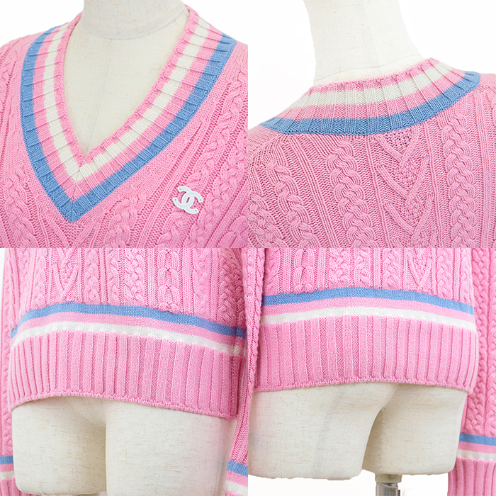【美品】シャネル 2023SS P74550 カシミヤ ブレンド Vネック ケーブル ニット セーター CCマーク レディース サイズ 36 ピンク 伊制 CHANEL