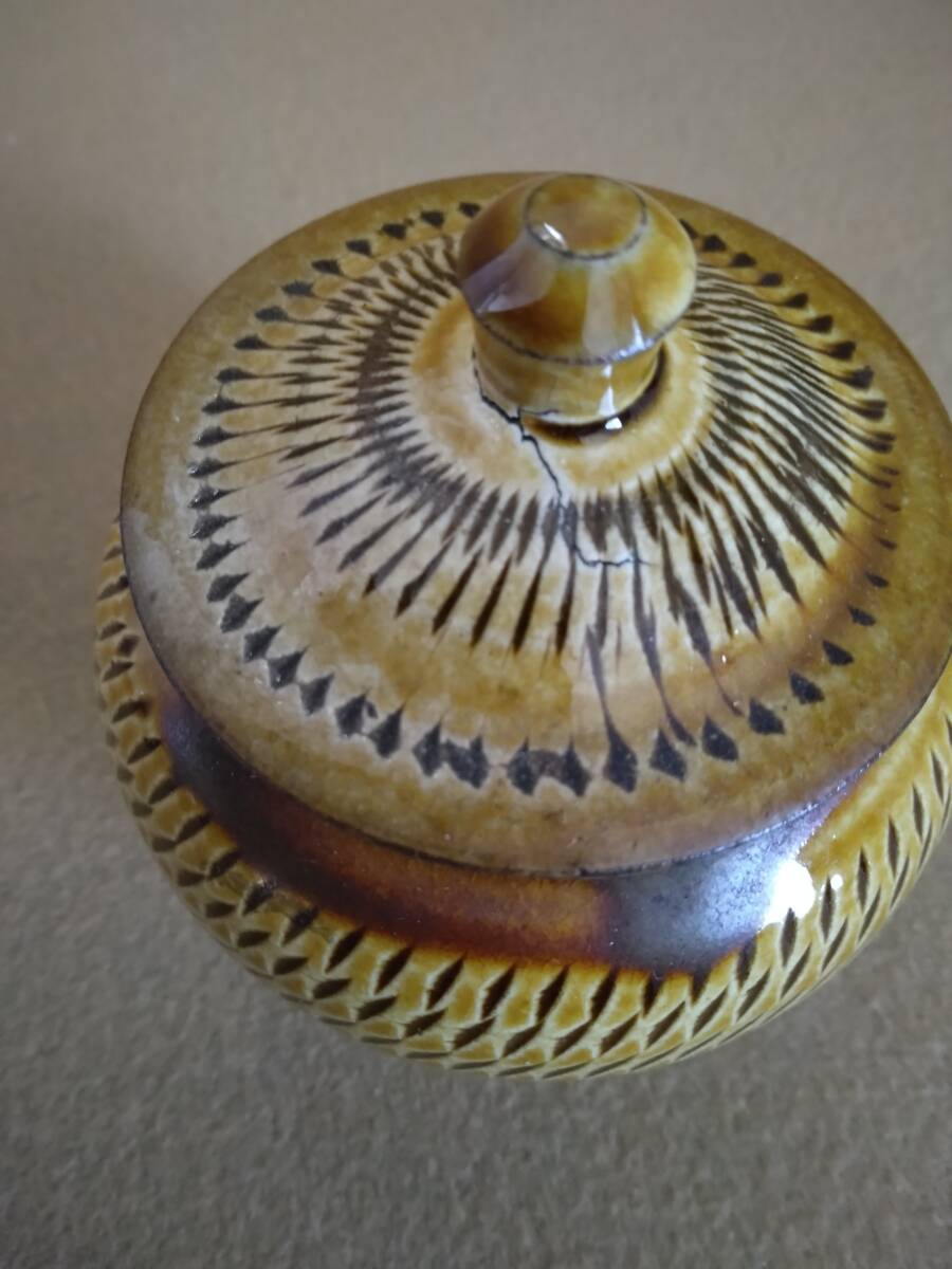 茶道具　蓋物　小坪　おんた焼き　茶入れ珍味小物入れ　カンナ景色　窯ヒビあり_画像7