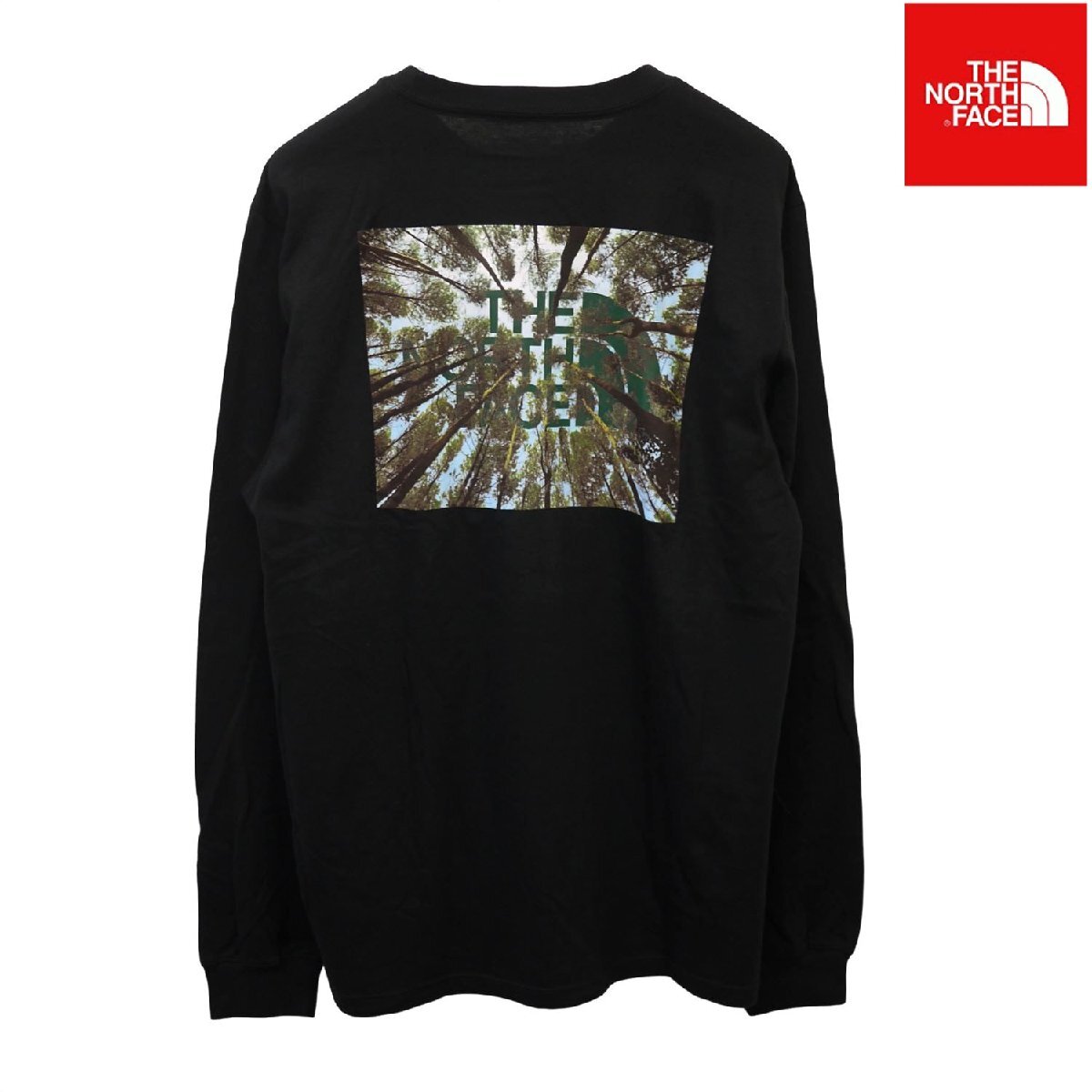 USA限定新品 ノースフェイス ハーフドーム ロゴ 森林フォト 長袖Tシャツ (M) ブラック THE NORTH FACE ロンT カットソー 日本未発売 /aa11