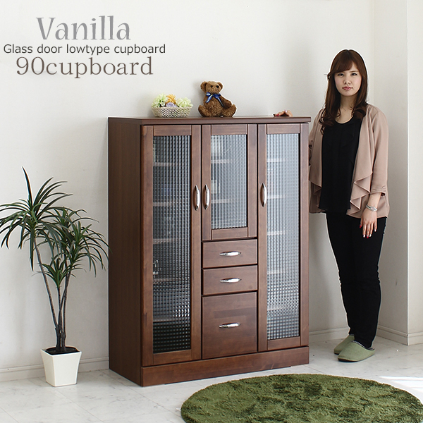 ◆ ブラウン色 カップボード キッチンカウンター 90cm キャビネット 完成品 おしゃれ 引出付き 北欧モダン