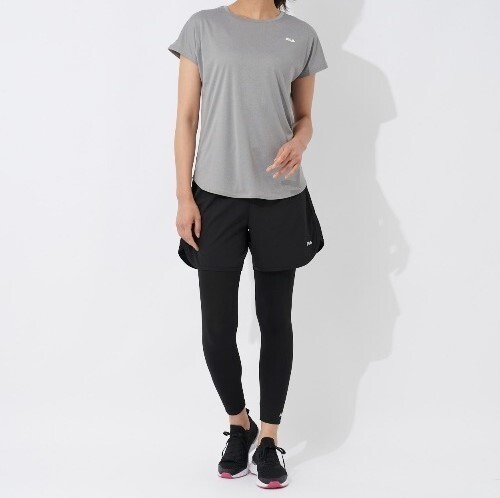 グレー×黒 新品 FILA 半袖Tシャツ レギンス ショートパンツ3点セット ヨガ　スポーツウエア フィットネス 水陸両用 送料無料