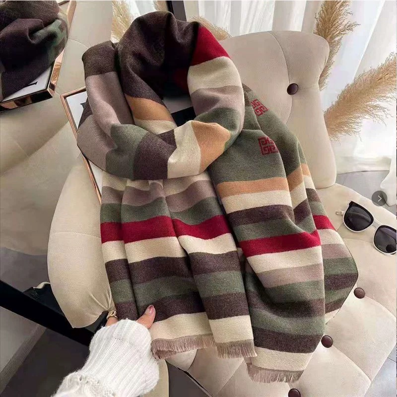 ★NEW★人気F★送料無料★即日発送★定番上質上品大判★カシミヤ★ストール　マフラー　オシャレ ボーダー