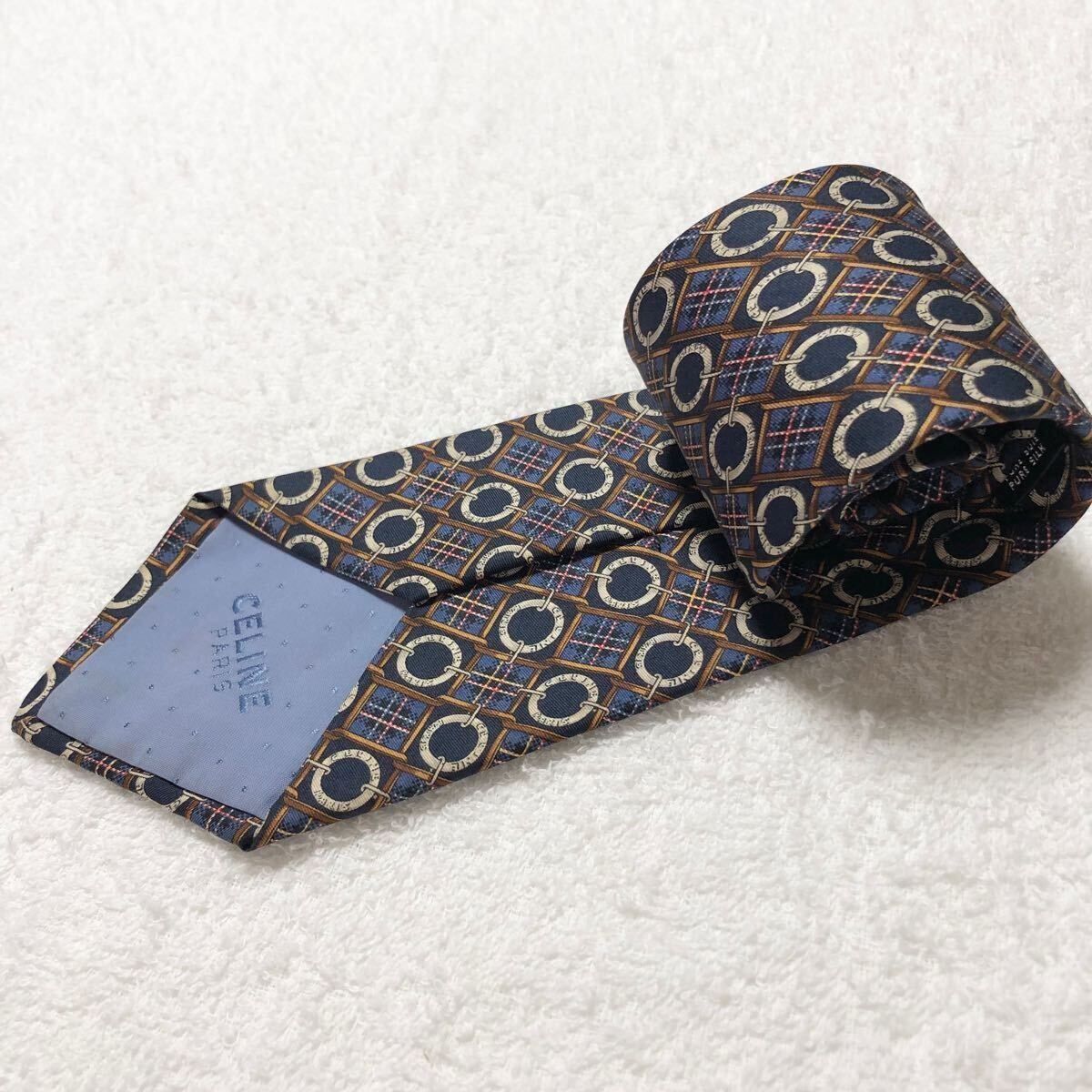 ■美品■CELINE セリーヌ　ネクタイ　ロゴリング　格子　チェック　総柄　シルク100% スペイン製　ブラック×ブルー×グレー　ビジネス
