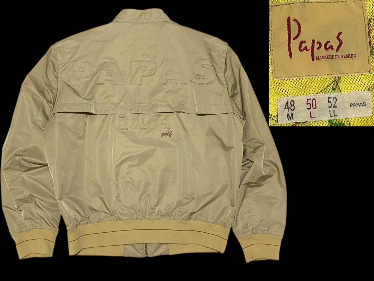 バックデザイン Papas パパス ジップジャケット 562 スイングトップ ブルゾン ゴルフ ロゴ刺繍ワッペン 裏地総柄 50 L