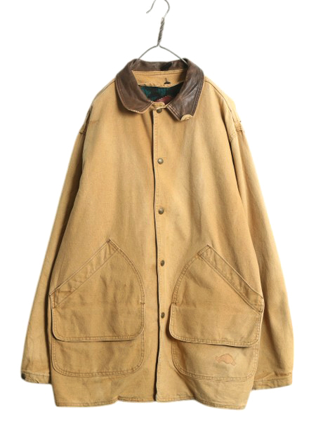 80s USA製 ウールリッチ ダック ハンティング ジャケット メンズ L 古着 ヴィンテージ ネイティブ 総柄 脱着 ライナー付き 襟 本革 レザー