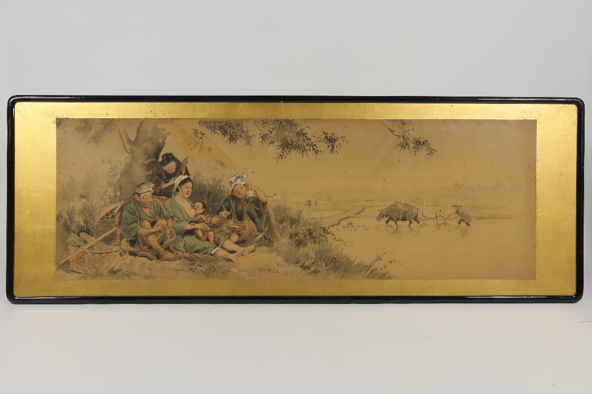 二世 五姓田芳柳 人物風景画 肉筆 絹本 扁額 額装品 /日本画 二世 五姓田芳柳 人物風景画 肉筆 絹本 扁額 額装品 /日本画