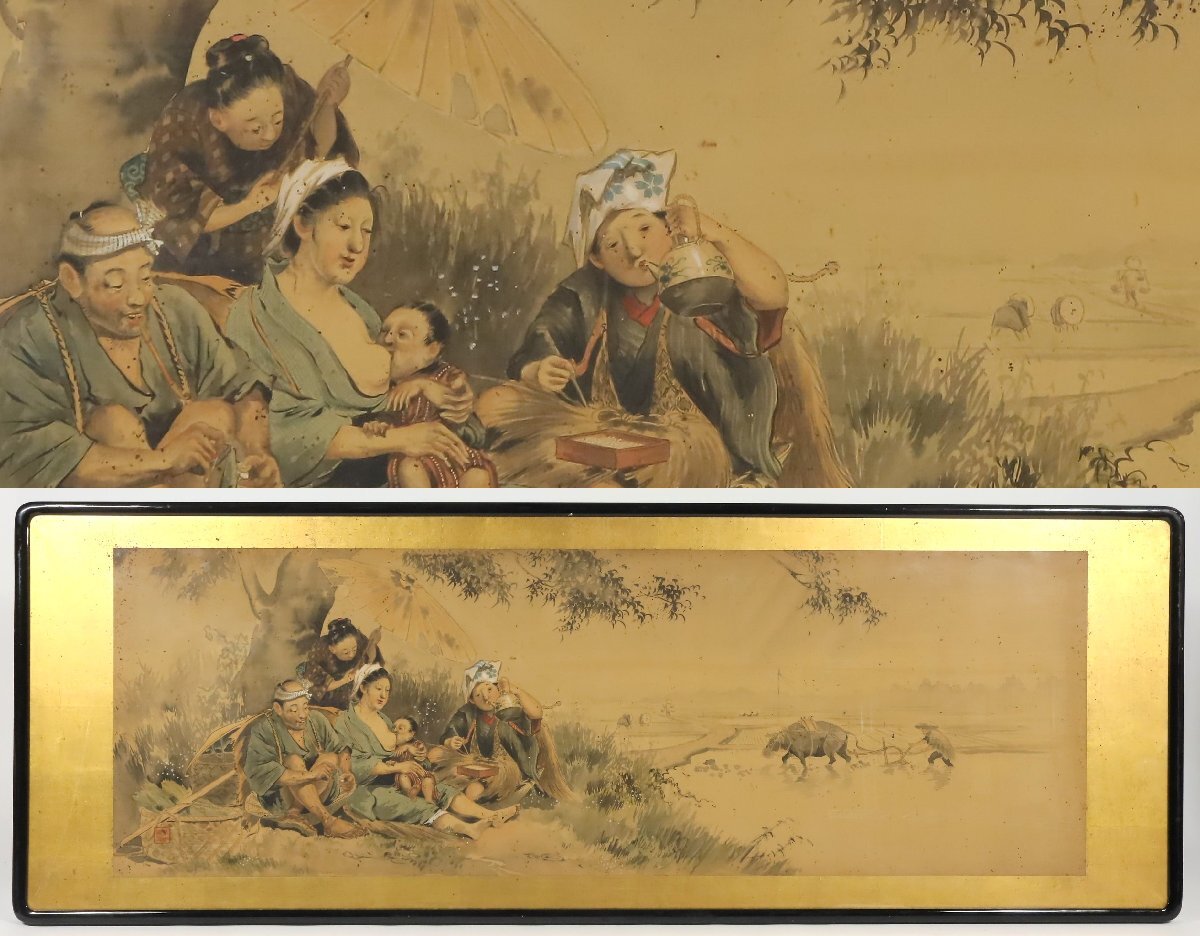 二世 五姓田芳柳 人物風景画 肉筆 絹本 扁額 額装品 /日本画 二世 五姓田芳柳 人物風景画 肉筆 絹本 扁額 額装品 /日本画