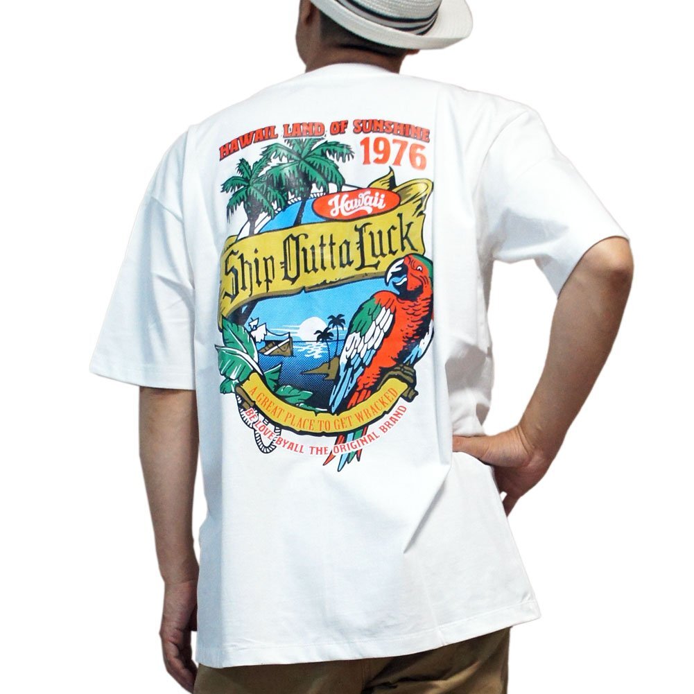 46インチ(XL) 白 Ｔシャツ メンズ Hawaii 半袖 綿100% ワイド オーバーサイズ 大きい ゆったり バックプリント 丸首 Be love by all..