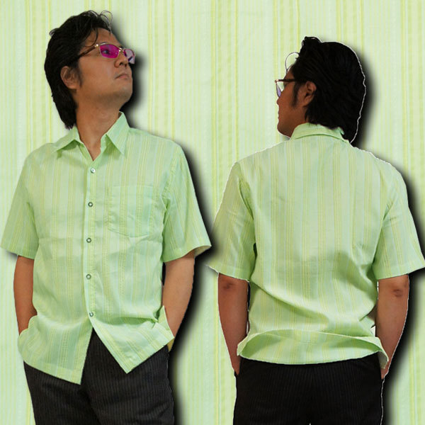 【Ｍ】men's柄シャツ【ストライプ】フレッシュグリーン